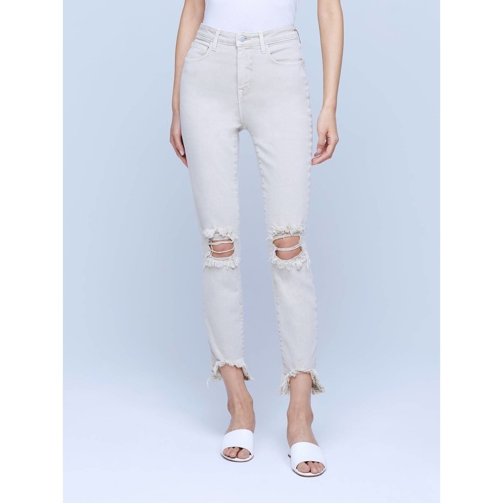L'agence High Line Slim Straight-Leg Jeans Denim Biscuit Destruct Women's SZ 30